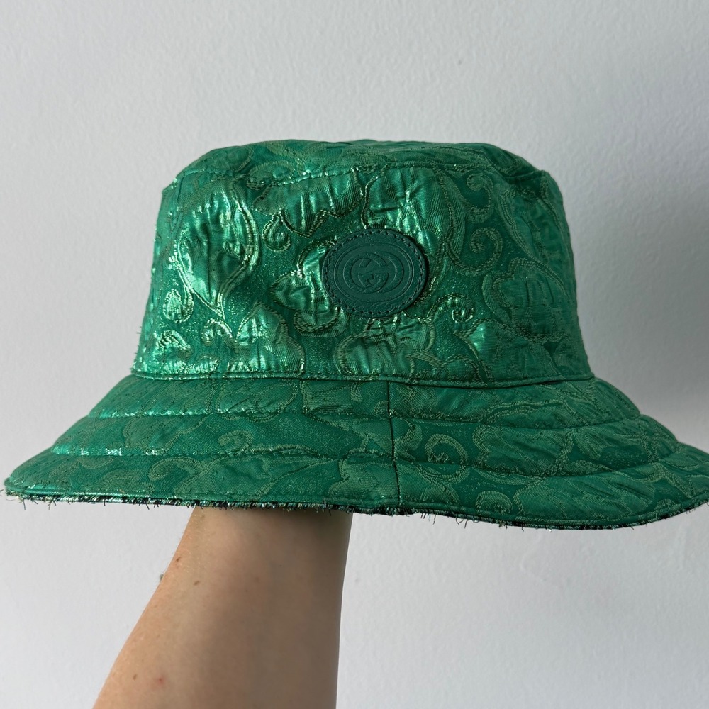 Auth Gucci Hat Bucket Style Reversible Green Metallic GG Monogram Size S Retro - Picture 2 of 10